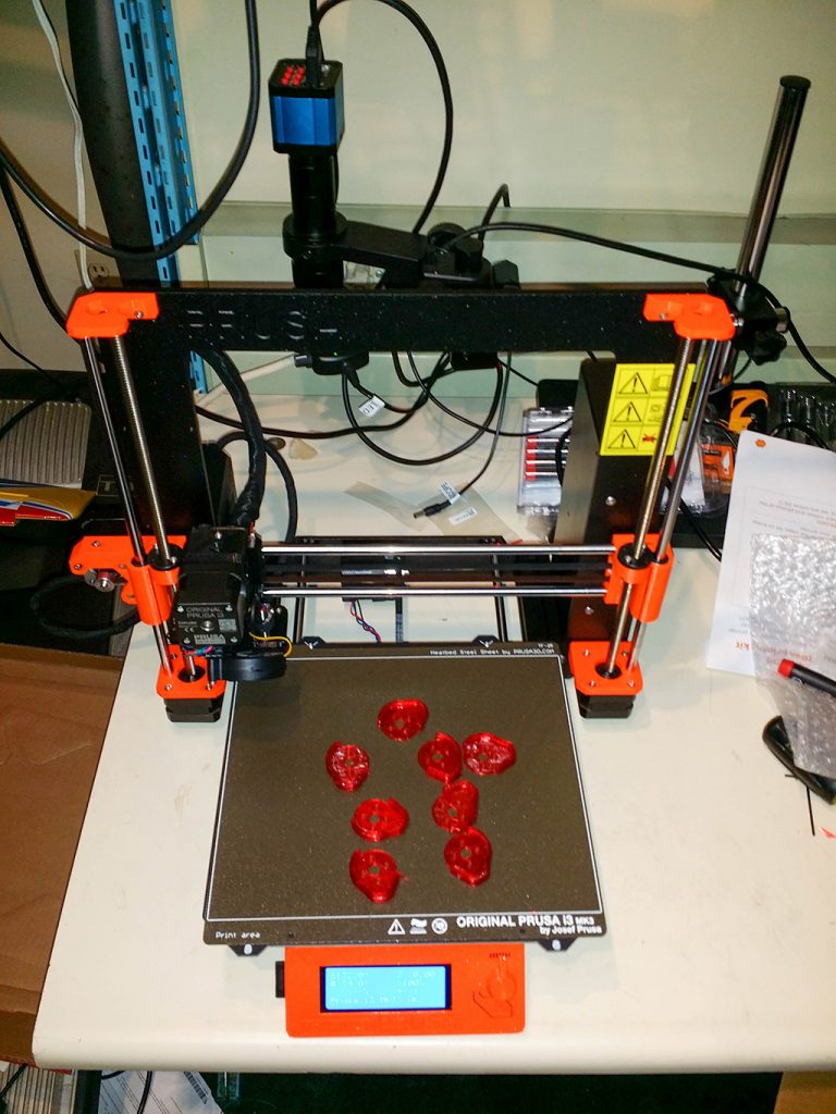 Prusa i3 Mk3s printer completed with flexible parts on bed