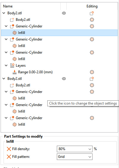Object specific infill settings